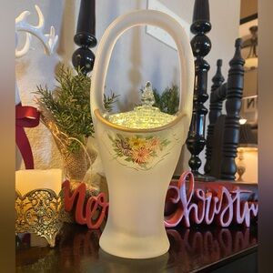 Elegant Frosted Glass Basket By Fenton Glass with Floral Design